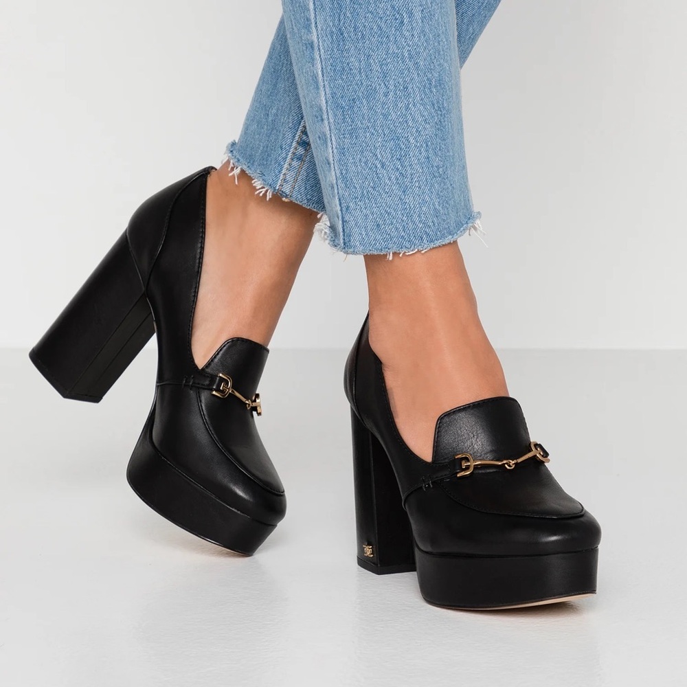 Block Heel Black Leather Heels
